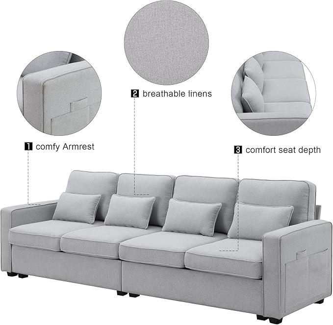 104" Modern Sofa, 4-seat Couch with Armrest Pockets and 4 Pillows for Living Room, Apartment, 104inch, Light Gray - LeafyLoom