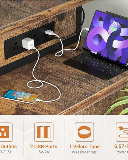 Computer Desk with 2 Fabric Drawers - Reversible Home Office Desk with Power Outlet & LED Lights, 53" Writing Desk with Monitor Stand & Storage Shelves, Gaming Desk with Pegboard, Rustic Brown - LeafyLoom