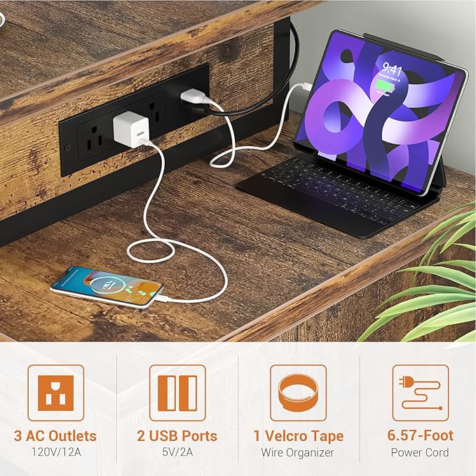 Computer Desk with 2 Fabric Drawers - Reversible Home Office Desk with Power Outlet & LED Lights, 53" Writing Desk with Monitor Stand & Storage Shelves, Gaming Desk with Pegboard, Rustic Brown - LeafyLoom