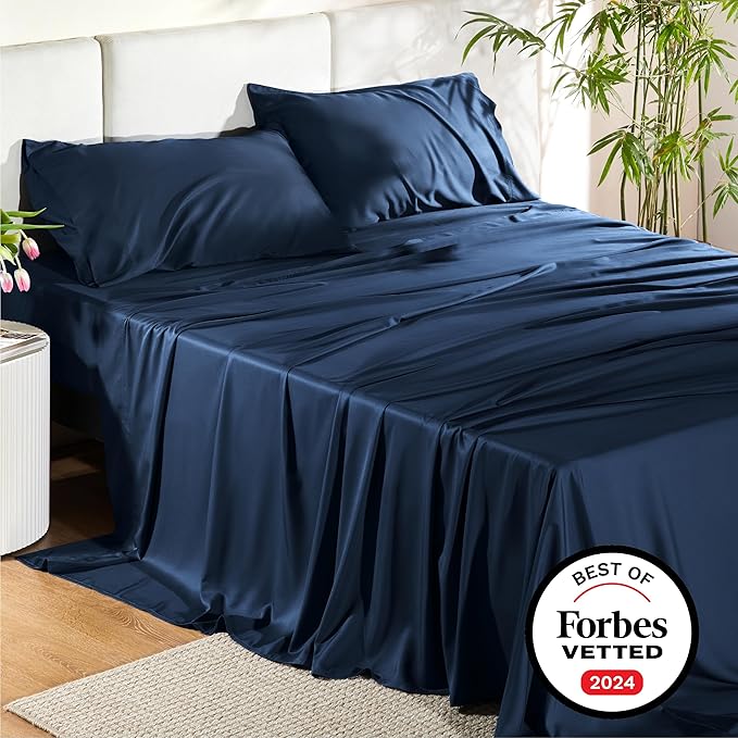Bedsure King Size Sheet Set, Cooling Sheets King, Rayon Derived from Bamboo, Deep Pocket Up to 16", Breathable & Soft Bed Sheets, Hotel Luxury Silky Bedding Sheets & Pillowcases, Navy - LeafyLoom