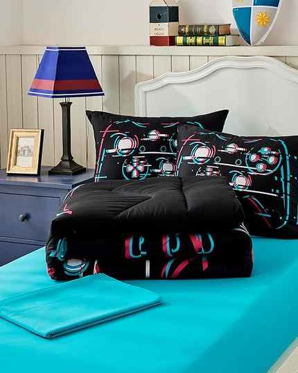 Gamer Black Twin XL Comforter Sets for Boys Kids Teen 5 Pieces Bed in a Bag Video Gaming Comforter with Sheet Sets Dorm Bedding Set - LeafyLoom