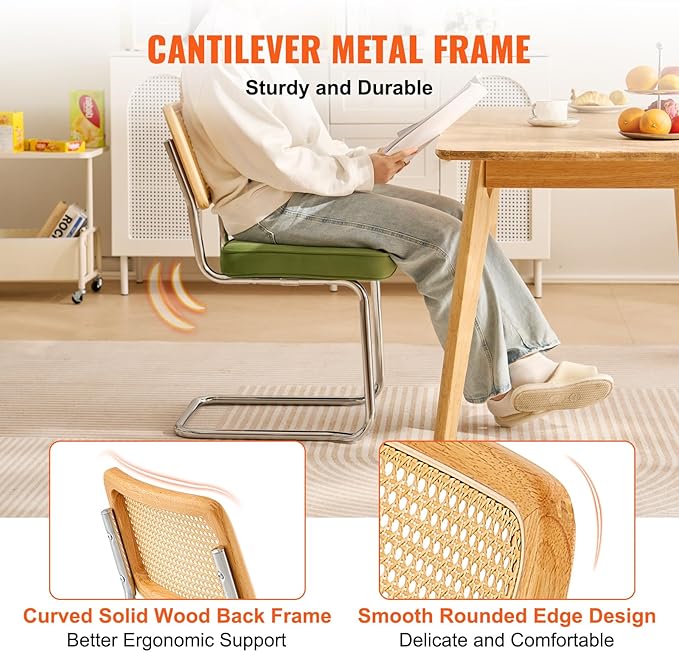 VEVOR Rattan Dining Chairs Set of 4, Mid Century Modern Dining Chair, Upholstered Velvet Accent Chair with Rattan Back, Retro Dining Room Kitchen Chair for Living Room, Bedroom, Office (18.1 Inch) - LeafyLoom