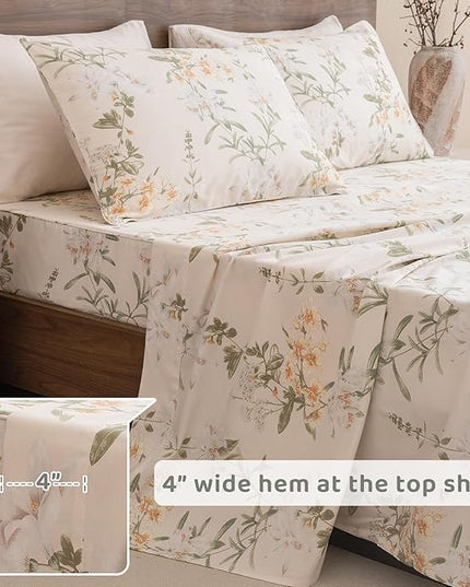 QSH Floral King Size Sheet Sets - 100% Egyptian Cotton Floral Bedding Sheets Yellow Green Leaves Flower Pattern Printed Bedding King Size Bed Sheets 17.5" Extra Deep Pocket 4pcs - LeafyLoom