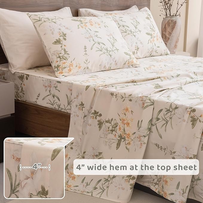 QSH Floral King Size Sheet Sets - 100% Egyptian Cotton Floral Bedding Sheets Yellow Green Leaves Flower Pattern Printed Bedding King Size Bed Sheets 17.5" Extra Deep Pocket 4pcs - LeafyLoom