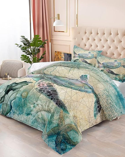 CVHOUSE Sea Turtle Comforter Sets King for Ocean Lovers,Turtle Beach Bedding Sets King Set,Turtle Bedspread,Turtle Duvet,Turtle Bed Set,Turtle Quilt Set 3 Pcs 1 Comforter and 2 Pillowcases - LeafyLoom