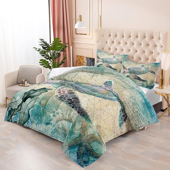 CVHOUSE Sea Turtle Comforter Sets King for Ocean Lovers,Turtle Beach Bedding Sets King Set,Turtle Bedspread,Turtle Duvet,Turtle Bed Set,Turtle Quilt Set 3 Pcs 1 Comforter and 2 Pillowcases - LeafyLoom