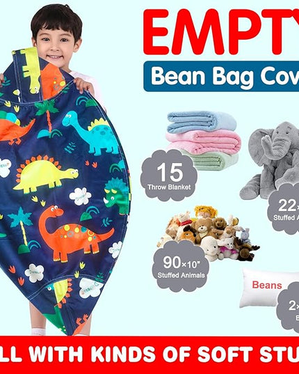 Lukeight Stuffed Animal Storage Bean Bag Chair Cover for Kids, Dinosaur Zipper Beanbag Chair Cover for Organizing Toddler & Kids' Rooms Plush Toys (Dinosaur Navy, X-Large) - LeafyLoom