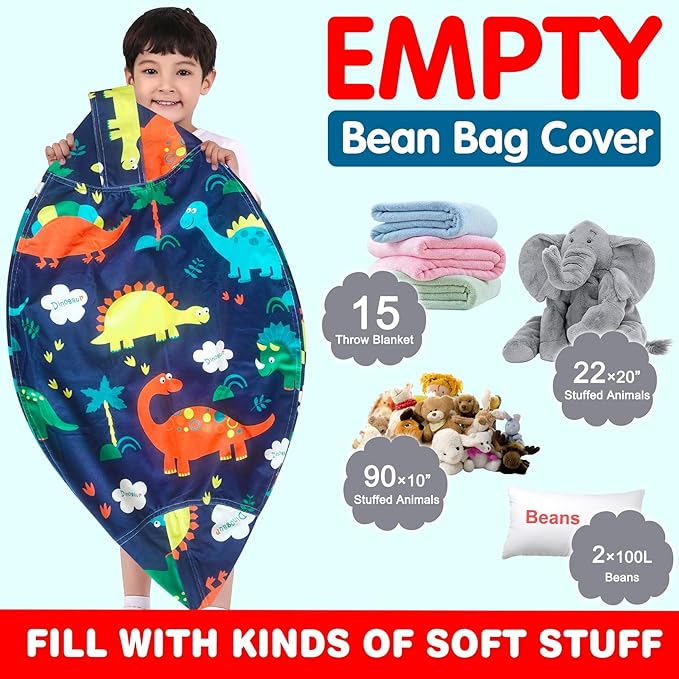 Lukeight Stuffed Animal Storage Bean Bag Chair Cover for Kids, Dinosaur Zipper Beanbag Chair Cover for Organizing Toddler & Kids' Rooms Plush Toys (Dinosaur Navy, X-Large) - LeafyLoom