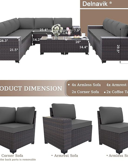 Patio Furniture Set Sofa 12-Pieces Wicker Sectional Sofa Set, Outdoor Furniture Rattan Patio Conversation Set with Thickened Cushions and Glass Coffee Table, Grey - LeafyLoom