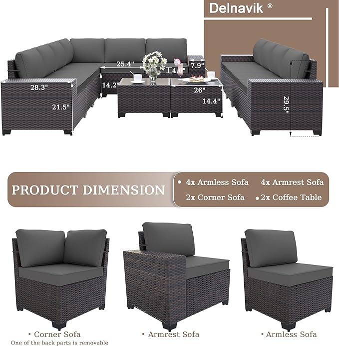 Patio Furniture Set Sofa 12-Pieces Wicker Sectional Sofa Set, Outdoor Furniture Rattan Patio Conversation Set with Thickened Cushions and Glass Coffee Table, Grey - LeafyLoom
