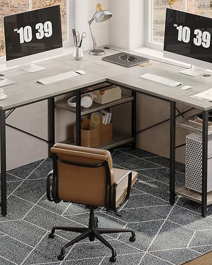 Bestier L Shaped Desk, 95.2 Inch Reversible Corner Computer Desk with Shelves, 2 Person Long Table for Home Office, Large Writing Storage Workstation with 3 Cable Holes, Rustic Brown, Grey Oak - LeafyLoom