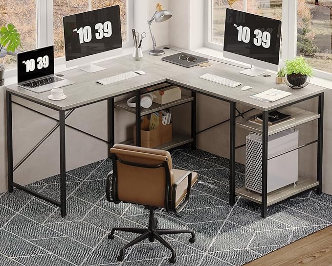 Bestier L Shaped Desk, 95.2 Inch Reversible Corner Computer Desk with Shelves, 2 Person Long Table for Home Office, Large Writing Storage Workstation with 3 Cable Holes, Rustic Brown, Grey Oak - LeafyLoom