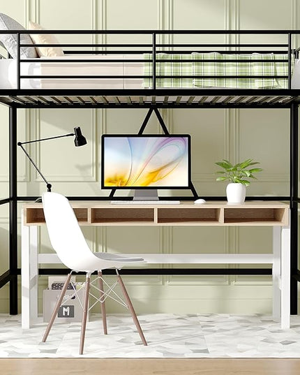 VECELO Metal Loft Bed Twin Size, Heavy Duty Bedframe with Removable Ladder and Safety Guardrail, Space-Saving, Noise Free, No Box Spring Needed, Black - LeafyLoom