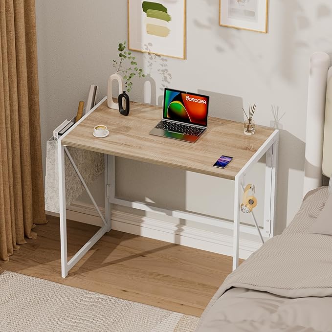 Folding Desk, Small Foldable Desk 31.5 Inch for Small Space, Computer Table Home Office Writing Desk with Storage Bag Headphone Hook, Easy Assembly, OAK - LeafyLoom