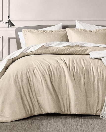 7 Pieces Beige Bedding Sets with Comforter, Modern Farmhouse Bed in a Bag King Size, Solid Lightweight Comforter Set with Sheets, Pillowcases & Shams - LeafyLoom