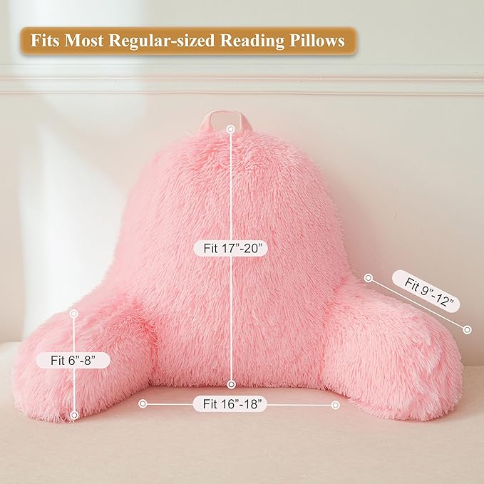 XeGe Faux Fur Reading Pillow Cover (No Filler), Fluffy Back Rest Pillow Case for Sitting in Bed, Adults Kids Girls Shaggy Sit Up Back Support Study Pillow Cover for Couch Chair Home Decoration, Pink - LeafyLoom