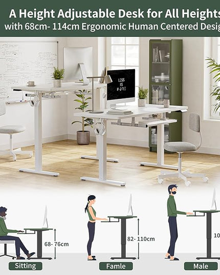 FEZIBO Standing Desk with Keyboard Tray, 63 × 24 Inches Electric Height Adjustable Desk, Sit Stand Up Desk, Computer Office Desk, White - LeafyLoom