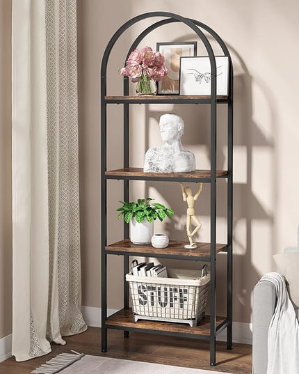 4-tier Arched Bookshelf, Tall Open Bookcase Storage Shelves, Wood Metal Freestanding Display Rack Tall Shelving Unit for Home Office, Bedroom, Living Room, Rustic Brown - LeafyLoom