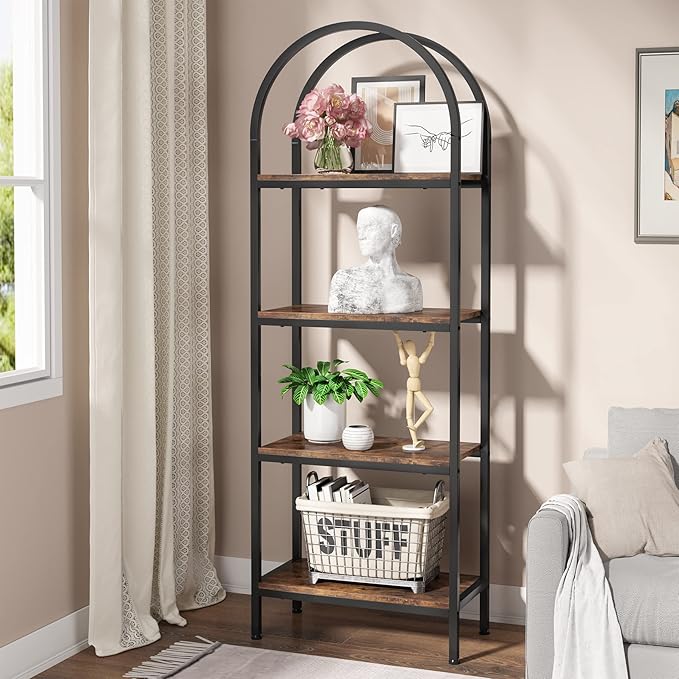 4-tier Arched Bookshelf, Tall Open Bookcase Storage Shelves, Wood Metal Freestanding Display Rack Tall Shelving Unit for Home Office, Bedroom, Living Room, Rustic Brown - LeafyLoom