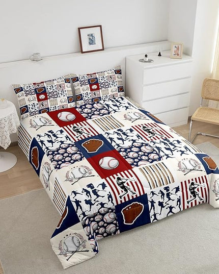 Erosebridal Kids Baseball Full Comforter Set for Boys,Teen Baseball Athlete Bedding Set Room Decor Sports Theme Bed Comforter Sets Baseball Bat Gloves Quilt Duvet with 2 Pillow Cases Red Navy Blue - LeafyLoom