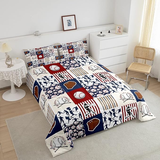 Erosebridal Kids Baseball Full Comforter Set for Boys,Teen Baseball Athlete Bedding Set Room Decor Sports Theme Bed Comforter Sets Baseball Bat Gloves Quilt Duvet with 2 Pillow Cases Red Navy Blue - LeafyLoom