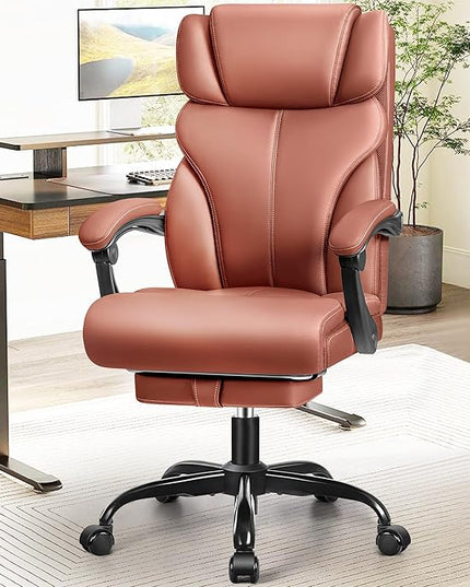 Office Chair, Executive Leather Chair Big and Tall Ergonomic Computer Desk Chair, Comfy Swivel Rolling Reclining Lumbar Support Task Chair with Adjustable High Back Foot Rest for Home Gaming - LeafyLoom