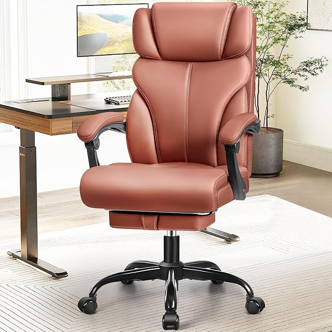 Office Chair, Executive Leather Chair Big and Tall Ergonomic Computer Desk Chair, Comfy Swivel Rolling Reclining Lumbar Support Task Chair with Adjustable High Back Foot Rest for Home Gaming - LeafyLoom