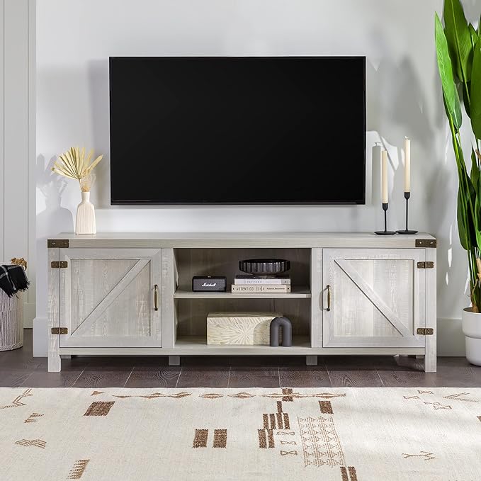 Walker Edison Georgetown Modern Farmhouse Double Barn Door TV Stand for TVs up to 80 Inches, 70 Inch, Stone Grey - LeafyLoom