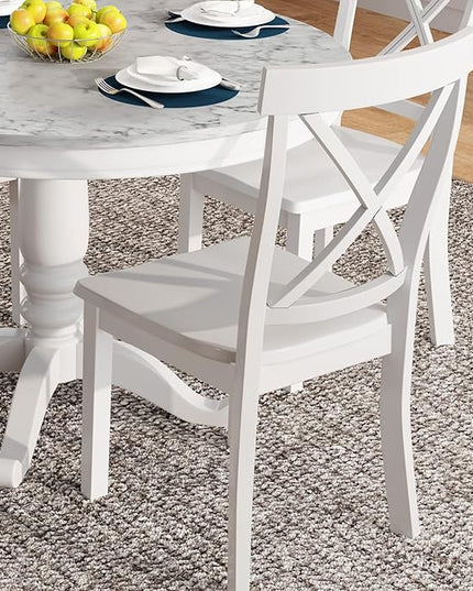 5-Piece Dining Marble-Top Round 4 Comfortable X Back Wood, Elegant Kitchen Table and Chairs Set, Ensemble for Cozy Family Meals, White - LeafyLoom