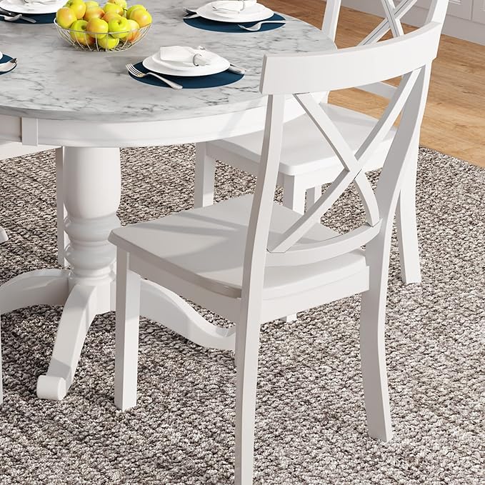 5-Piece Dining Marble-Top Round 4 Comfortable X Back Wood, Elegant Kitchen Table and Chairs Set, Ensemble for Cozy Family Meals, White - LeafyLoom