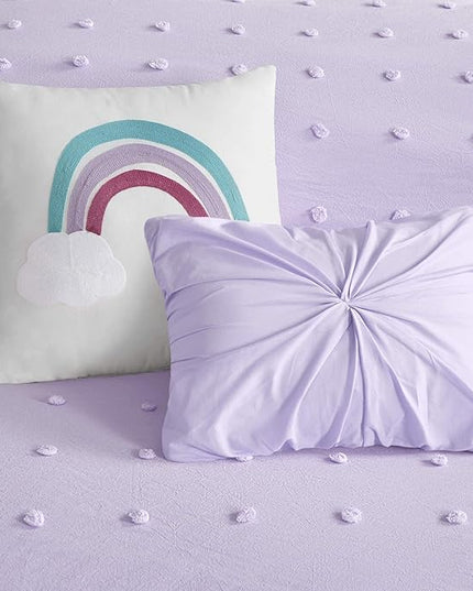 Callie Cotton Jacquard Weave Colorful Pom Pom Kids Comforter sets, Down Alternative Shabby Chic All Season Girls Bedding, Bedroom Decor, Twin/Twin XL, Lavender 4 Piece - LeafyLoom