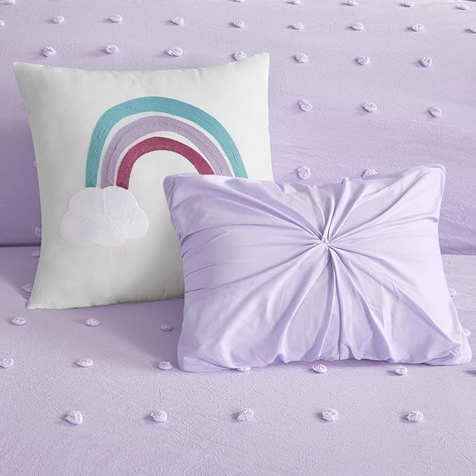 Callie Cotton Jacquard Weave Colorful Pom Pom Kids Comforter sets, Down Alternative Shabby Chic All Season Girls Bedding, Bedroom Decor, Full/Queen, Lavender 5 Piece - LeafyLoom