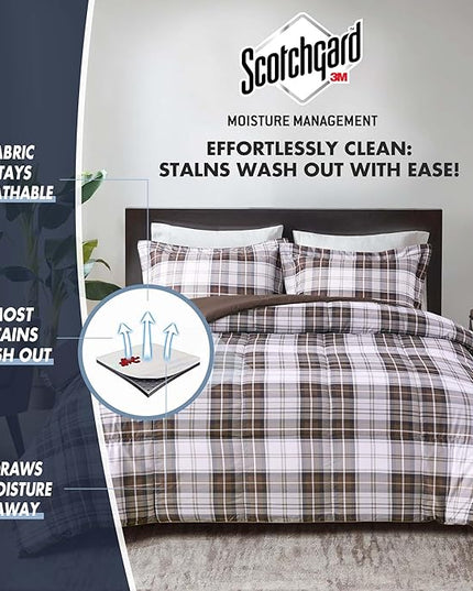 Madison Park Essentials Parkston Plaid Comforter, Matching Sham, 3M Scotchguard Stain Release Cover, Hypoallergenic All Season Bedding-Set, Twin/ Twin XL, Brown, 2 Piece - LeafyLoom