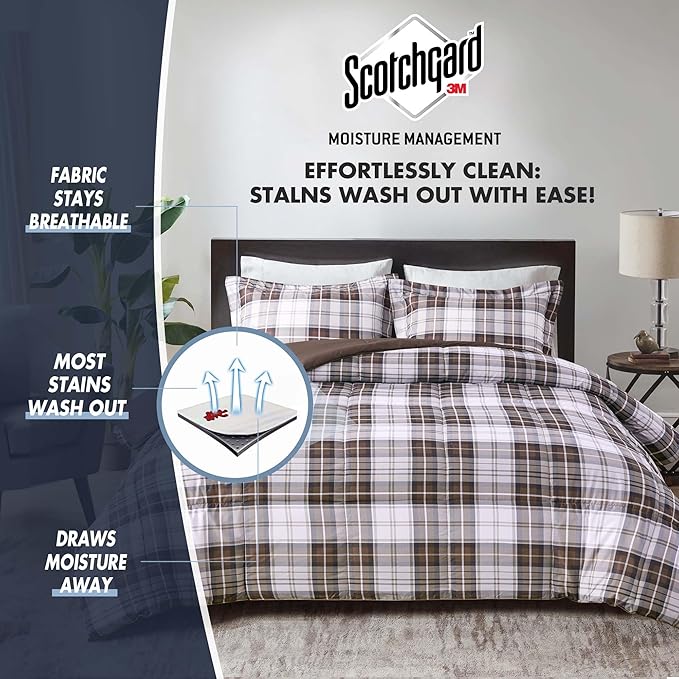Madison Park Essentials Parkston Plaid Comforter, Matching Sham, 3M Scotchguard Stain Release Cover, Hypoallergenic All Season Bedding-Set, Twin/ Twin XL, Brown, 2 Piece - LeafyLoom
