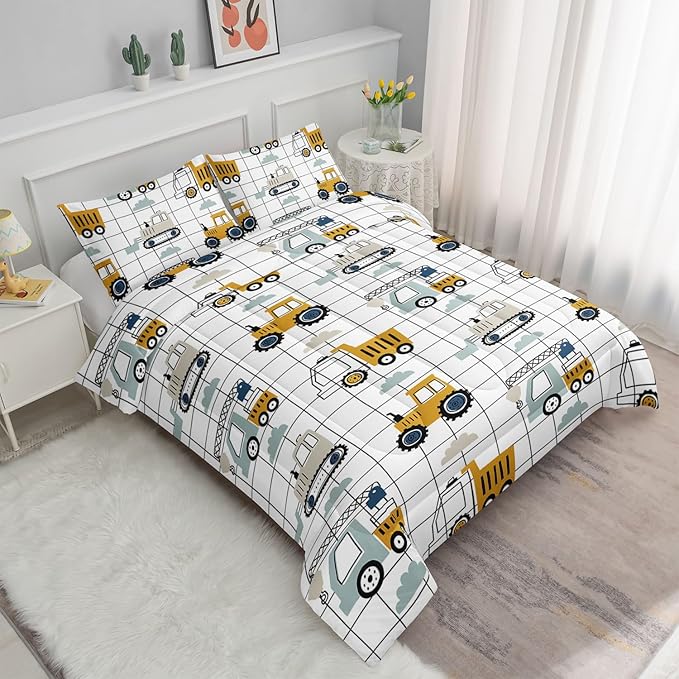 Datura home Construction Truck Comforter Set for Boys Kids Children,Machinery Truck Excavators Vehicles Cartoon Tractor Bedding Set with 1 Comforter and 2 Pillowcases(Construction Truck Twin) 68x86in - LeafyLoom