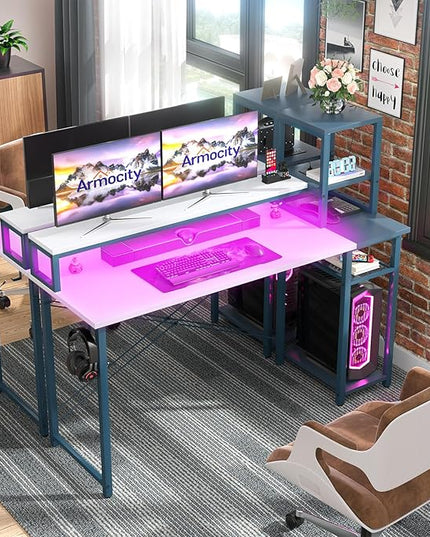 armocity 2024 Upgrade Gaming Desk with LED Lights, Small Computer Desk with Long Monitor Stand, 47.2'' Reversible Laptop Table with Storage Shelves, Small Desk for Small Spaces, Gaming Room, White - LeafyLoom