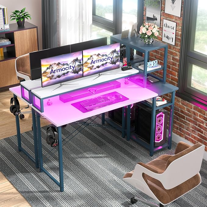 armocity 2024 Upgrade Gaming Desk with LED Lights, Small Computer Desk with Long Monitor Stand, 47.2'' Reversible Laptop Table with Storage Shelves, Small Desk for Small Spaces, Gaming Room, White - LeafyLoom