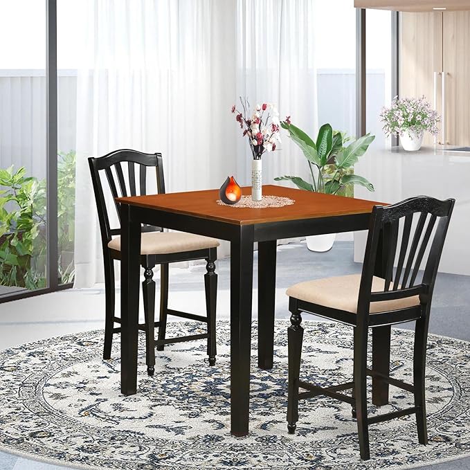 East West Furniture PBCH3-BLK-C Pub 3 Piece Kitchen Counter Height Set Contains a Square Dining Room Table and 2 Linen Fabric Upholstered Chairs, 36x36 Inch, Black & Cherry - LeafyLoom