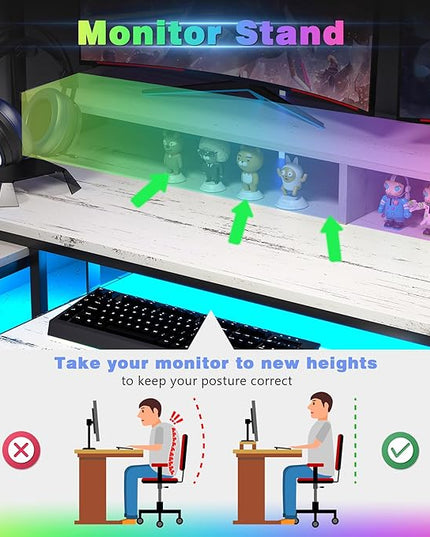 Lvifur RGB Gaming Desk with Wireless Charging Station,7 Dynamic & 24 Static Dimmable Computer Desk with Movable Table, 55'' Home Office Small Desk with Keyboard Tray,Monitor Stand,Display Stand - LeafyLoom