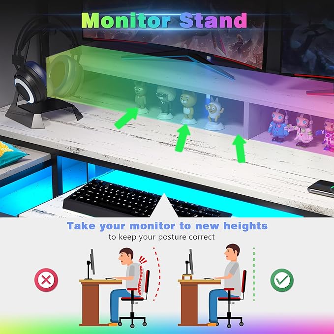 Lvifur RGB Gaming Desk with Wireless Charging Station,7 Dynamic & 24 Static Dimmable Computer Desk with Movable Table, 55'' Home Office Small Desk with Keyboard Tray,Monitor Stand,Display Stand - LeafyLoom