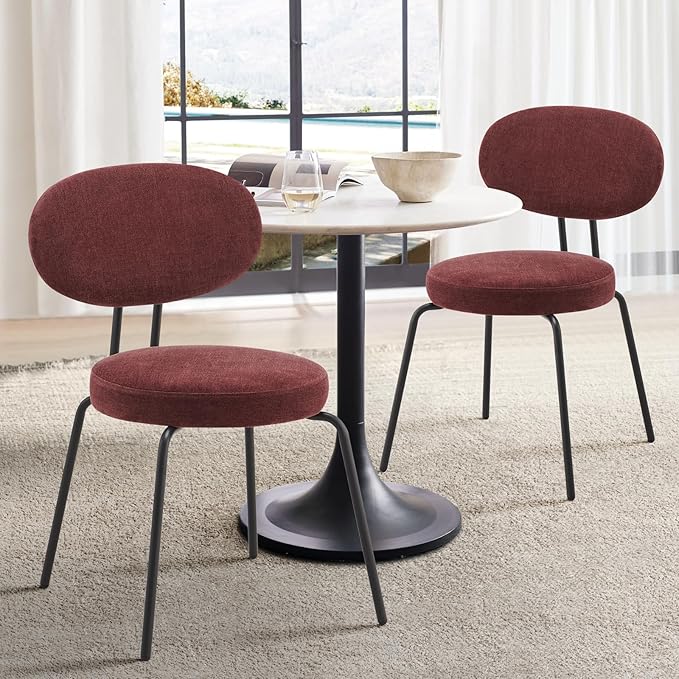 COLAMY Upholstered Fabric Dining Chairs Set of 4, Modern Dining Room Kitchen Side Chairs with Round Seat, Curved Backrest, Metal Legs, Red - LeafyLoom