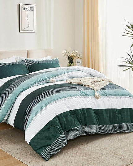 Litanika Dark Emerald Green Bed Comforter Queen Set, 3 Pieces Forest Bedding Set, Double Colorblock Stripe Vintage Bed Set (90x90Comforter, 2 Pillowcases) - LeafyLoom
