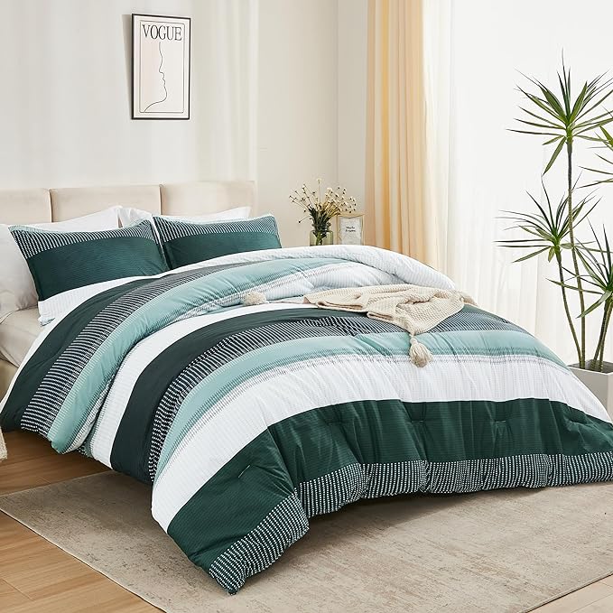 Litanika Dark Emerald Green Bed Comforter Twin/Twin XL Set, 2 Pieces Twin Extra Long Size Boys Men Forest Bedding Set, Single Colorblock Striped Bed Set - LeafyLoom