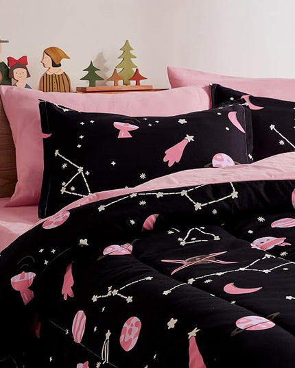 SLEEP ZONE Kids Twin Bedding Comforter Set - Super Cute & Soft Kids Bedding 5 Pieces Set with Comforter, Sheet, Pillowcase & Sham (Pink Galaxy) - LeafyLoom