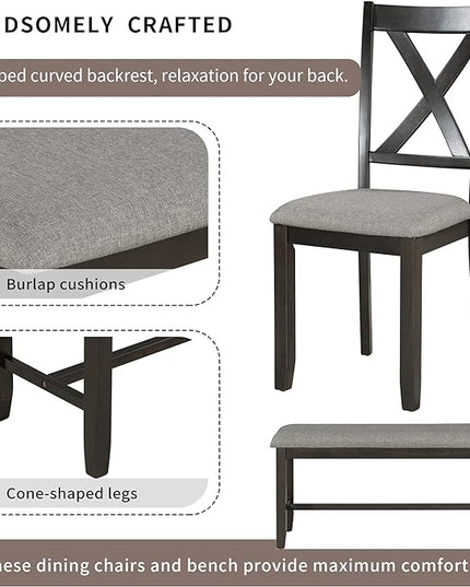 Farmhouse 6-Piece Wood Rectangular Dining Table Set with Bench and 4 Upholstered Chairs for Kitchen, Breakfast Nook, Living Room, Espresso, 60" L x 36" W x 30" H - LeafyLoom