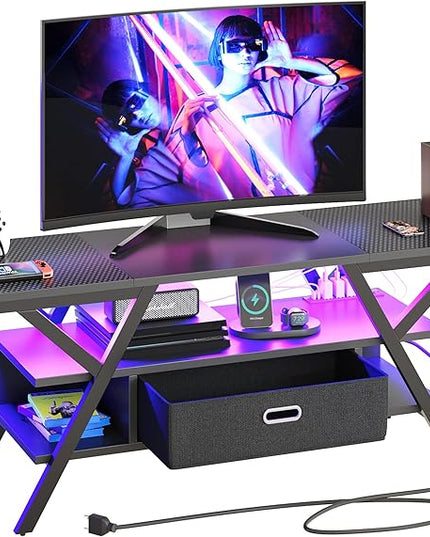 Bestier LED Entertainment Center with Power Outlets Gaming TV Stand for TV up to 65 Inch 55” TV Game Console for Living Room Bedroom Removable Drawer 20 Dynamic RGB Modes, Carbon Fiber Black - LeafyLoom