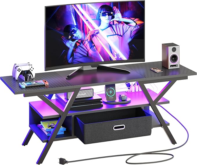 Bestier LED Entertainment Center with Power Outlets Gaming TV Stand for TV up to 65 Inch 55” TV Game Console for Living Room Bedroom Removable Drawer 20 Dynamic RGB Modes, Carbon Fiber Black - LeafyLoom