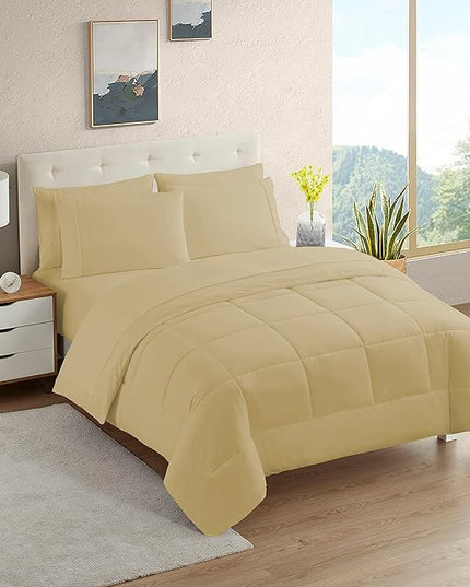 Dorm Room Essentials College Bedding Comforter Set 7 Piece Full Size Bed in a Bag for College Students Boys and Girls, Full, Camel - LeafyLoom