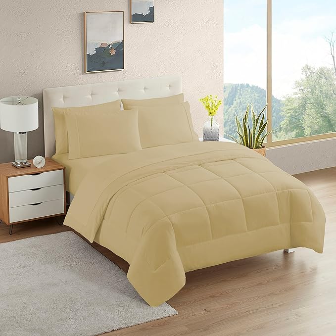 Dorm Room Essentials College Bedding Comforter Set 7 Piece Full Size Bed in a Bag for College Students Boys and Girls, Full, Camel - LeafyLoom