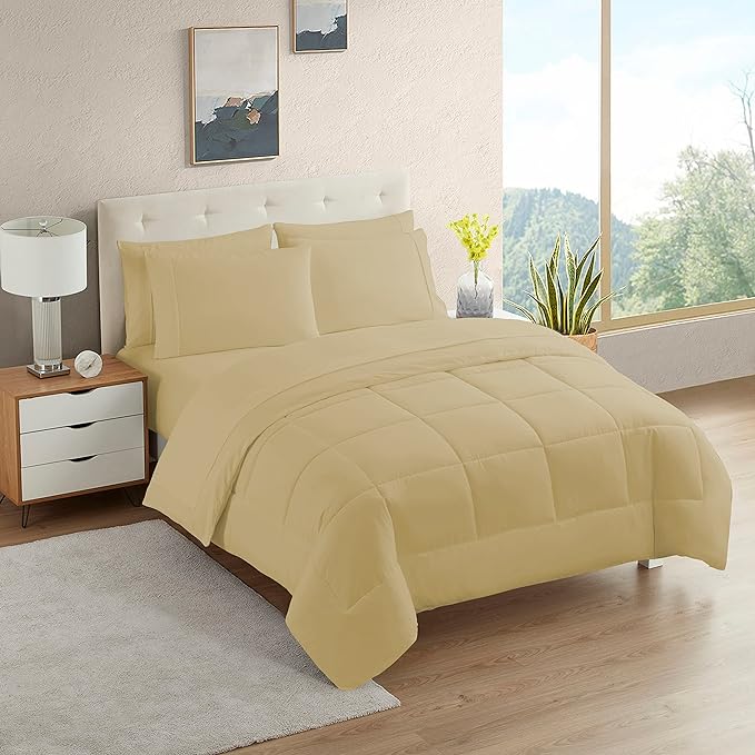 Dorm Room Essentials College Bedding Comforter Set 5 Piece Twin XL Size Bed in a Bag for College Students Boys and Girls, Twin XL, Camel - LeafyLoom